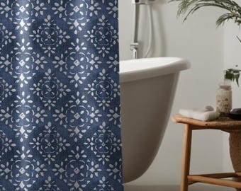 Blue Italian Florentine Fabric Shower Curtain: Slub Cotton