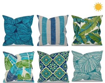 Green and Blue Tropical Outdoor Pillow COVERS, Beach House or Coastal Decor for Outdoor Living Space, Gift Ideas for Outdoor Decor