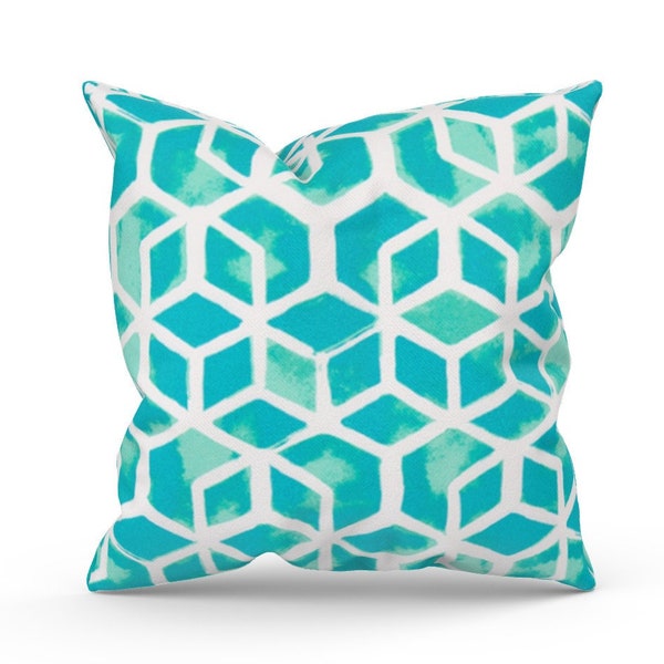 Turquoise Outdoor Pillow Cover for Couch, Aqua Geometric Accent Pillow for Patio & Outdoor Decor, Front Porch Housewarming Gift for New Home