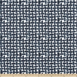 May include: A white fabric with a repeating pattern of dark blue brushstrokes forming a woven or basket weave design.