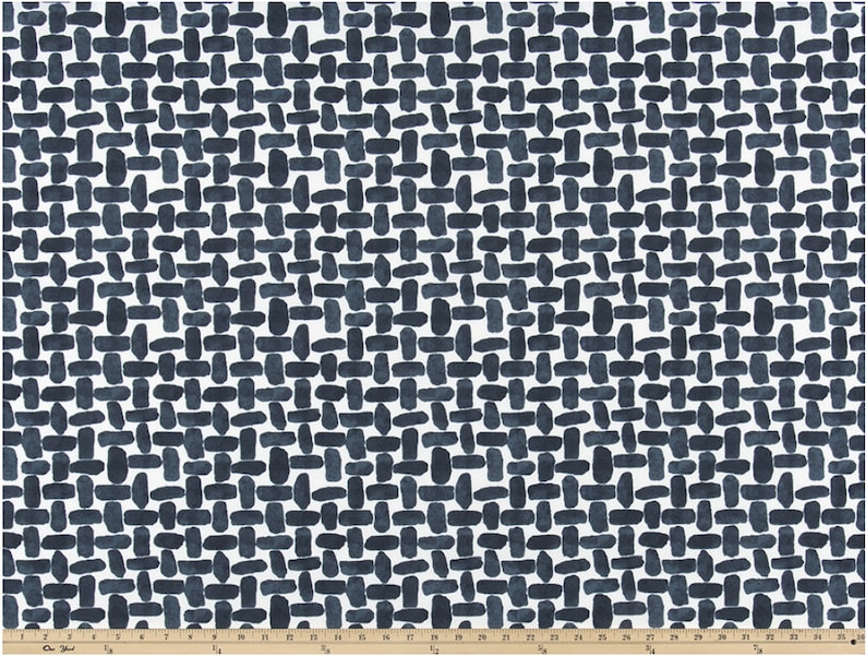 May include: A white fabric with a repeating pattern of dark blue brushstrokes forming a woven or basket weave design.