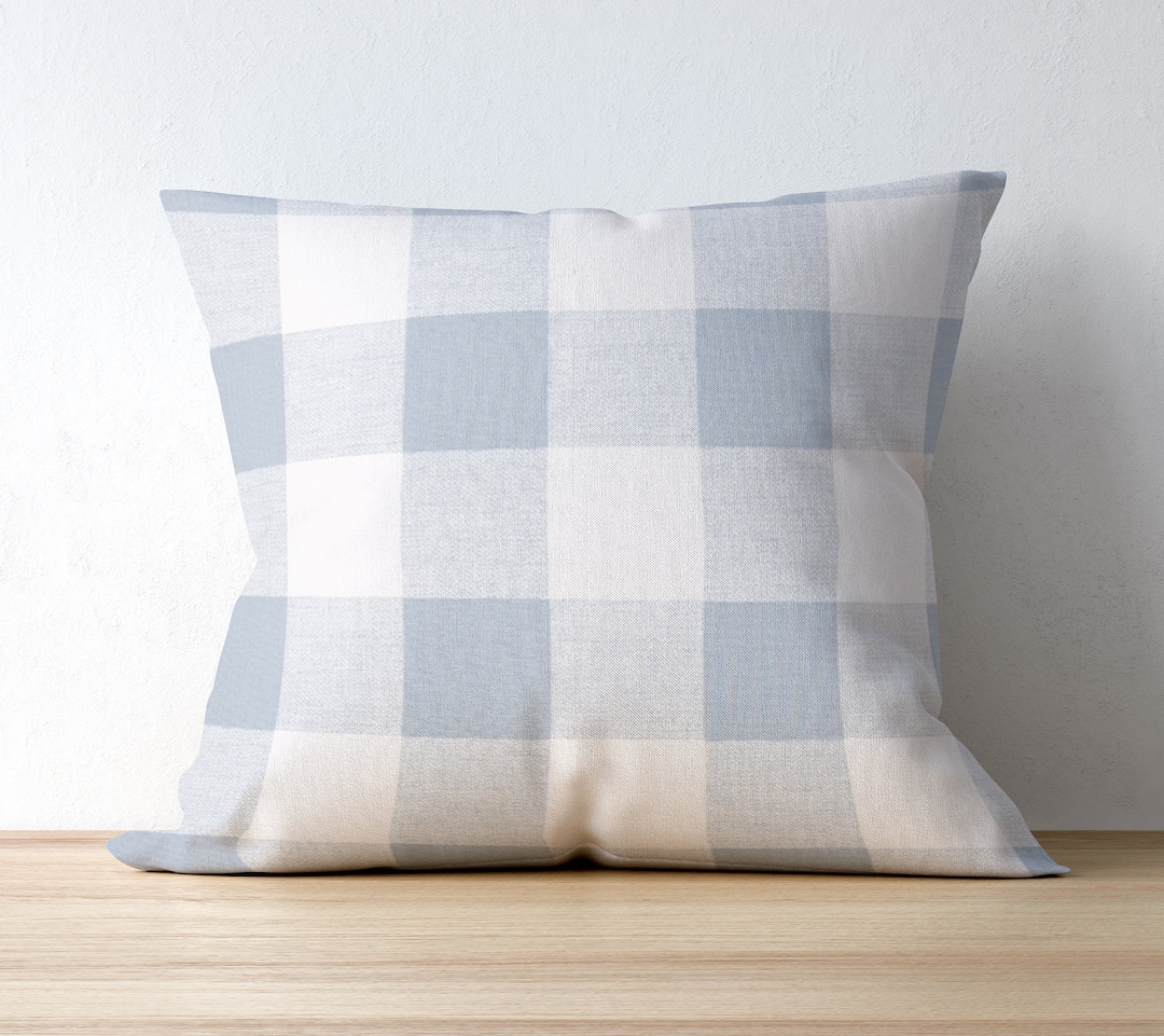 Light Blue Buffalo Plaid Living Room Pillow Cover for Sofa, Farmhouse