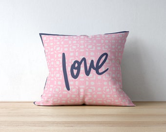 LOVE Valentine Pillow Cover, Pink Valentine Decor, Pink Valentine Throw Pillow, Valentine Gift, Valentine Gift for Her, Pink and Blue Decor