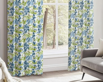 Contemporary Blue Green Botanical Drapes: Slub Linen Blend