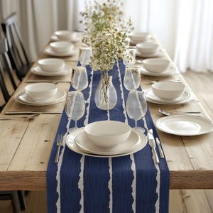 Dark Blue Abstract Stripe Linen Blend Dining Room or Kitchen Table Runner, Bridal, Baby Boy Shower or Wedding Reception Decor