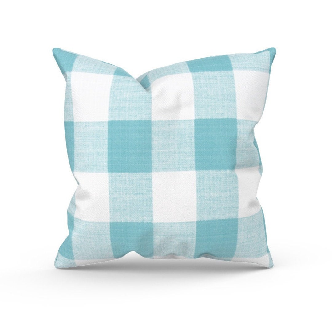 Aqua Blue Plaid Outdoor Pillow Covers, Buffalo Check Pillow for