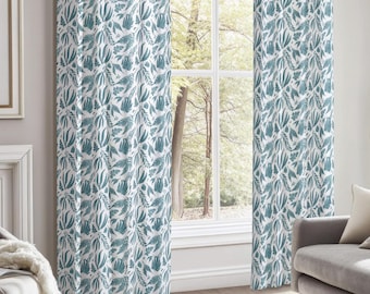 Teal Blue Botanical Drapes: Slub Cotton Fern Leaf Pattern