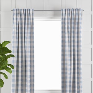 Light Blue Buffalo Check Drapes for Living or Dining Room, Bedroom or Children&#39;s Nursery Decor Cotton Window Treatment, Kitchen Cafe Curtain