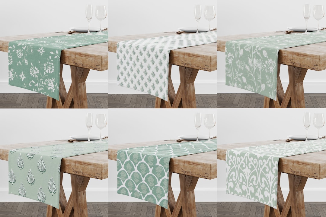 Green & White Slub Cotton Dining Room Table Runners, Baby Shower ...