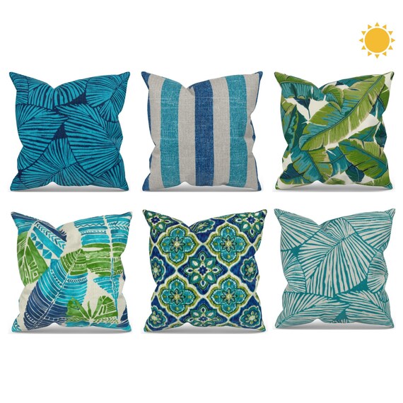 Outdoor pillows blue and green sale