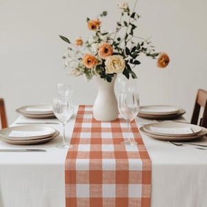 Orange & White Buffalo Check Cotton Spring Farmhouse Dining Room Table Runner, Bridal Shower and Wedding Reception, Easter Centerpiece Decor