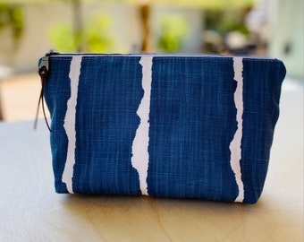 Blue Linen Makeup Bag for Travel, Vegan Makeup Pouch for Women, Zipper Pouch Birthday Gift for College Student, Hospital Get Well Gift