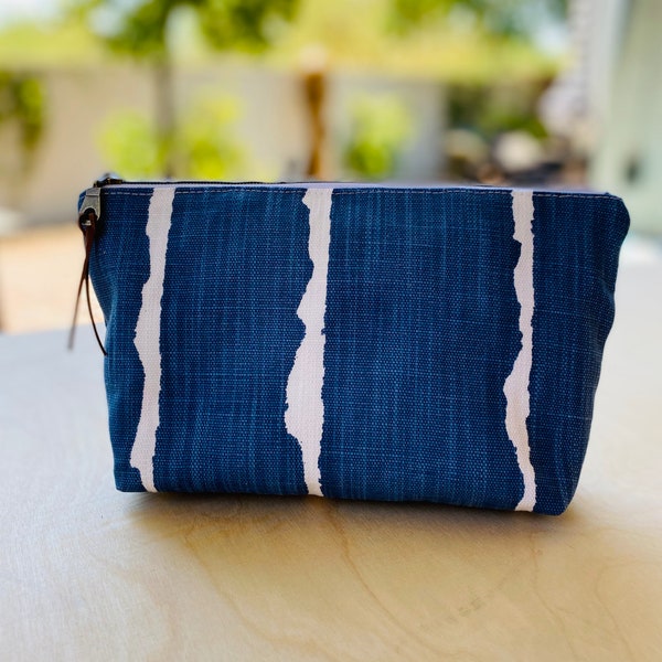 Blue Linen Makeup Bag for Travel, Vegan Makeup Pouch for Women, Zipper Pouch Birthday Gift for College Student, Hospital Get Well Gift