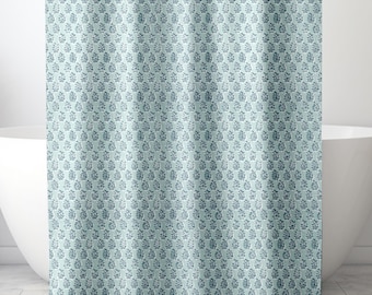 Aqua Blue Botanical Fabric Shower Curtain: Cottage Core Leaf Motif Bathroom Decor