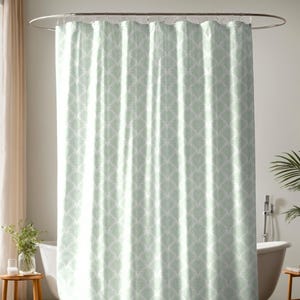 Puede incluir: Una cortina de ducha verde con un patrón geométrico blanco. El patrón se asemeja a una serie de abanicos superpuestos.