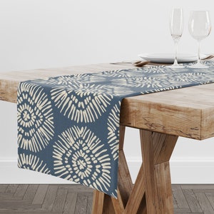 Blue Medallion Linen Blend Dining Room Table Runner: Boho Party Decor