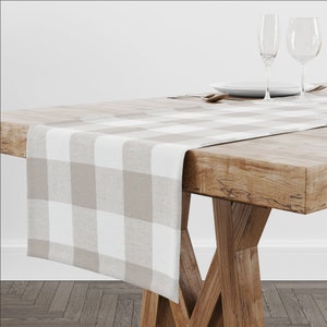 Ecru Buffalo Check Dining Table Runner, Tan Greige Kitchen Decor Collection, Fall Thanksgiving Decor, Baby Shower & Wedding Reception Linens