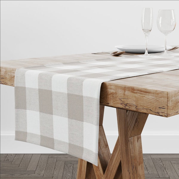Ecru Buffalo Check Table Runner for Dining Table & Kitchen Table, Plaid Modern Farmhouse Kitchen Decor for Holiday Table and Event Decor