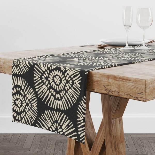 Black Boho Linen Table Runner, Casual Chic Medallion Pattern, Housewarming Gift or Special Event Decor for Wedding or Party