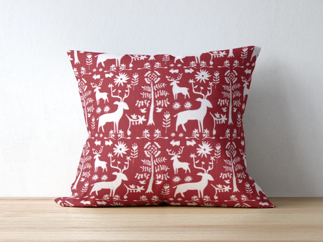 Red Christmas Pillow COVER for Christmas Decor, Reindeer Pillow for