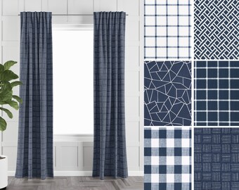 Dark Blue Slub Cotton Drapery Collection: Farmhouse Living Room Curtain Window Treatment Decor