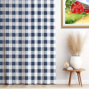 Blue & White Buffalo Check Dining and Living Room Curtain Panel, Bedroom and Children&#39;s Nursery Drapes, Plaid Cafe Curtain Window Treatment