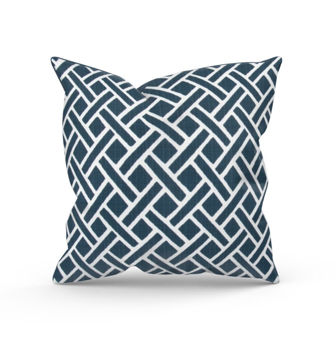 Blue Lattice Pillow Cover for Outdoor Sofa, Blue and White Accent