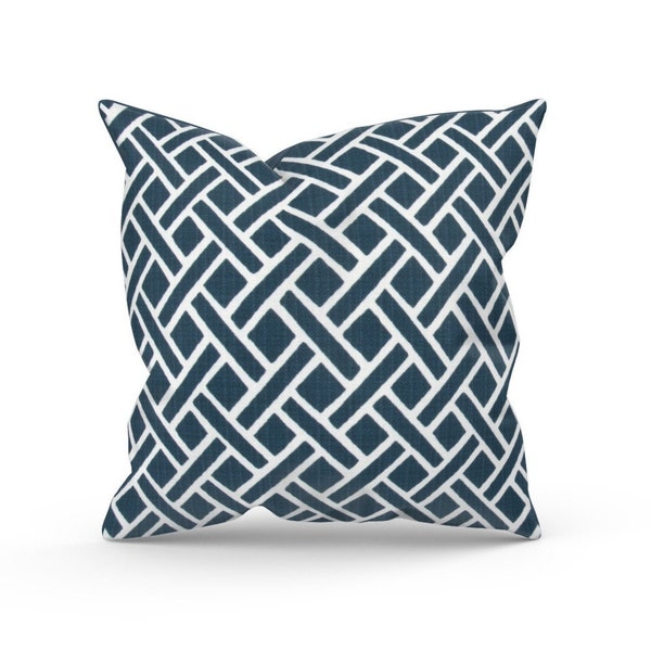 Blue Lattice Pillow Cover for Outdoor Sofa, Blue and White Accent Pillow for Patio & Deck Decor, Front Porch Wedding Gift for Unique Couple