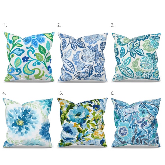 Blue Floral Outdoor Pillow Cover Blue Outdoor Decor Blue Patio