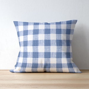 Blue Buffalo Check Pillow Cover for Farmhouse Decor, Slub Decorative Pillow for Living Room & Bedroom, Plaid Housewarming Gift for New Home