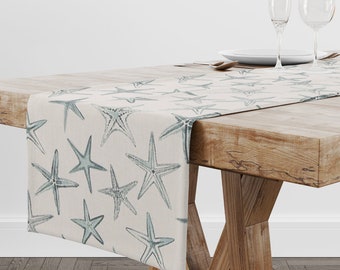 Starfish Table Runner for Coastal Decor, Blue Linens for Housewarming Gift for New Home, Beach Theme Wedding Reception or Baby Shower  Decor