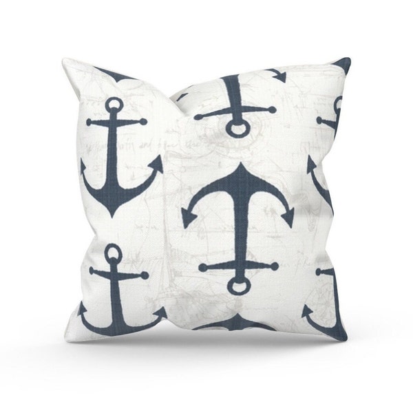 Nautical Outdoor Pillow Cover for Beach House Deck, Anchor Decorative Pillow for Nantucket Style, Coastal Housewarming Gift for New Home