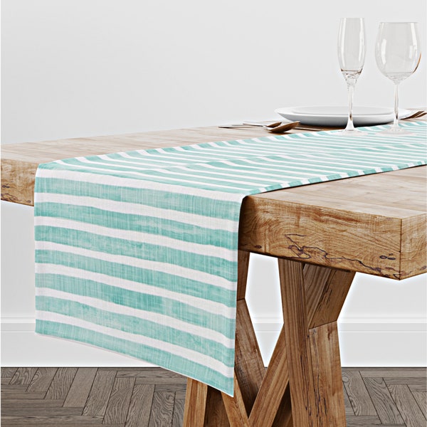 Aqua Striped Table Runner for Dining Room or Kitchen Decor, Blue Green Special Event Decor for Wedding, Party or Housewarming Gift