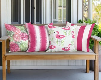 Pink, Limette und weißer Streifen, Blumen und Flamingo Terrasse, Deck Outdoor Kissenbezüge, Balkon, Veranda oder Veranda Neues Zuhause Geschenk