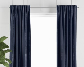 Dark Blue & White Stripe Cotton Drapes: Living and Dining Room Curtain Panel Window Treatments