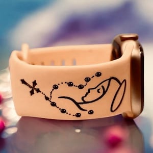 Mother Mary and Rosary Silicone Bands Laser Engraved for Apple Watch, For Series 1, 2, 3, 4, 5, 6, 7, 8, 9, 10, SE, and Ultra Models