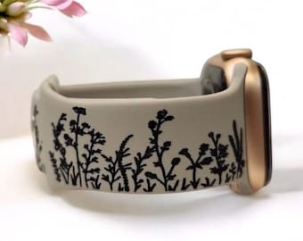 Flower Meadow Silicone Bands Laser Engraved for Apple Watch, For Series 1, 2, 3, 4, 5, 6, 7, 8, 9, 10, SE, and Ultra Models
