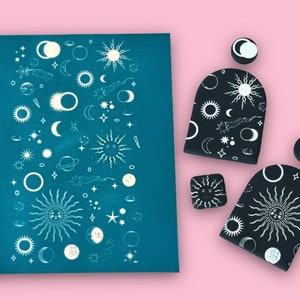 Sun Moon Stars Planets Silkscreen Stencil, Celestial Bodies Polymer Clay Silkscreen, Reusable Clay Painting Texture Sheet