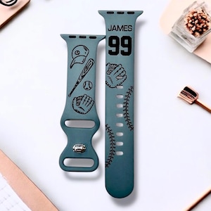 Personalized Baseball Silicone Bands Laser Engraved for Apple Watch, For Series 1, 2, 3, 4, 5, 6, 7, 8, 9, 10, SE, and Ultra Models