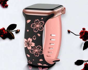 Sakura Engraved Apple Watch Bands Cherry Blossom Dual-Colored Black and Pink Silicone Watch Straps