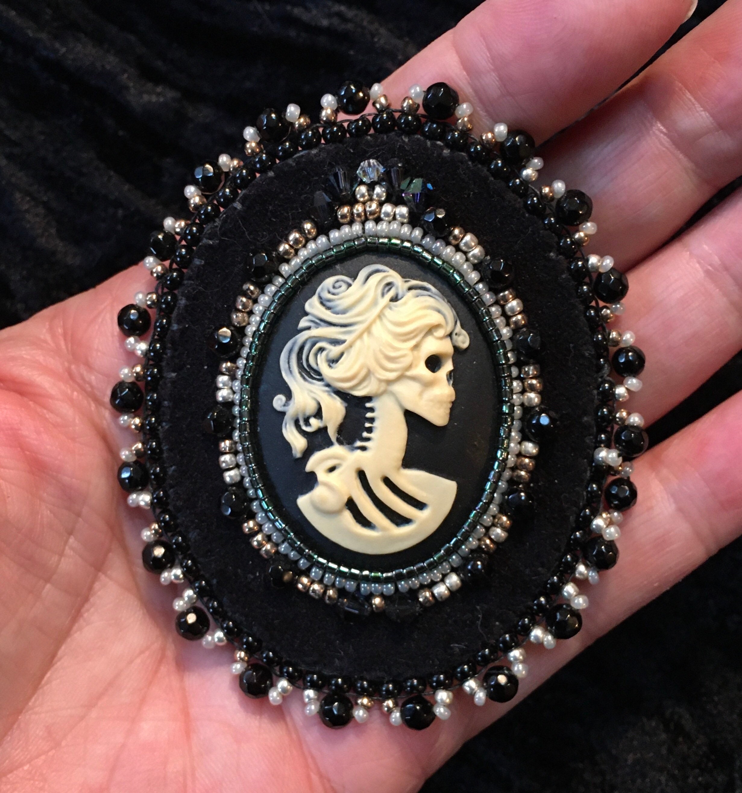 Skull Cameo hand beaded Victorian Brooch on Black Velveteen. Etsy