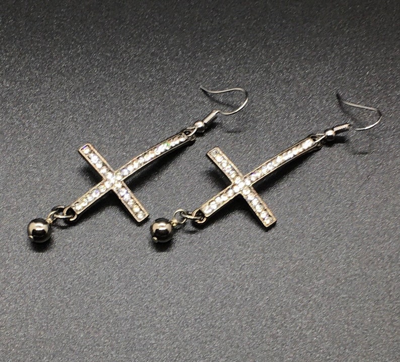 gunmetal Cubic Zirconia Inverted Cross earrings