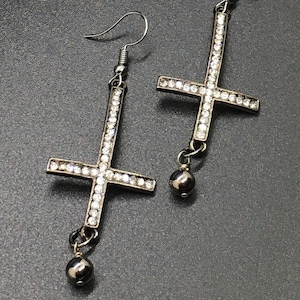 gunmetal Cubic Zirconia Inverted Cross earrings