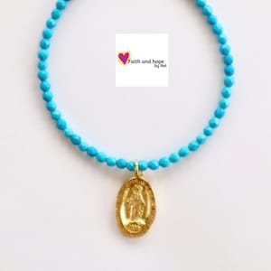 Turquoise Beaded Bracelet Woman, Virgin Mary Women Bracelet, Holy Spirit Medal, Catholic Confirmation Gift, Gemstone Minimalist Bracelet