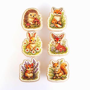 Peut inclure: Un ensemble de six boutons en bois présentant des illustrations détaillées d'animaux des bois, notamment un hérisson, un renard, un lapin, un cerf, une souris et un écureuil, entourés d'éléments botaniques colorés comme des champignons et des fleurs.