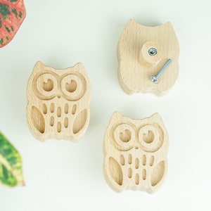Könnte beinhalten: Drei hölzerne Knöpfe in Form einer Eule mit einem geschnitzten Design. Die Knöpfe sind hellbraun und haben einen einfachen, minimalistischen Stil.