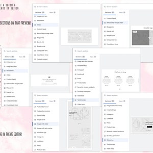 May include: A screenshot of a website showing different sections available for a premium theme. The sections include "Image with text overlay", "Instagram", "Lookbook", "Press", "Product tabs", "Recently viewed products", "Scrolling promotion", "Slideshow", "Testimonials", and "Video hero".