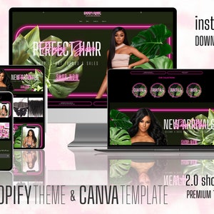 Può includere: Un mockup di un tema Shopify per un'azienda di vendita di extension per capelli. Il tema presenta uno sfondo nero con testo rosa neon che dice "Perfect Hair". Il tema include anche una sezione per i nuovi arrivi e una sezione per diverse collezioni di capelli. Il tema è progettato per essere facile da usare e personalizzare.