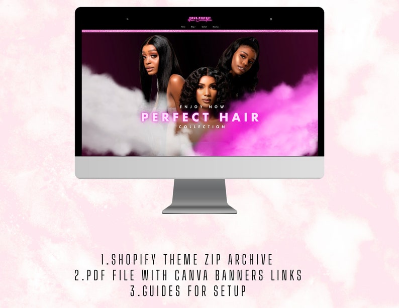 May include: A computer screen displaying a website for a hair company called "Soul Pixie Hair Collection". The website features a pink and purple background with the text "Enjoy Now Perfect Hair Collection".