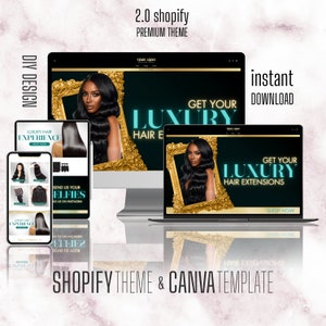 May include: A mockup of a Shopify website for a hair extensions business. The website features a black background with gold accents and a model with long, black hair. The text on the website reads "Get Your Luxury Hair Extensions".